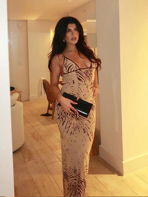 Women Tie Dye Print Maxi Dress with Low Neck Sleeveless Backless Slim Fit for Beach Party Vacation and Summer Outfits